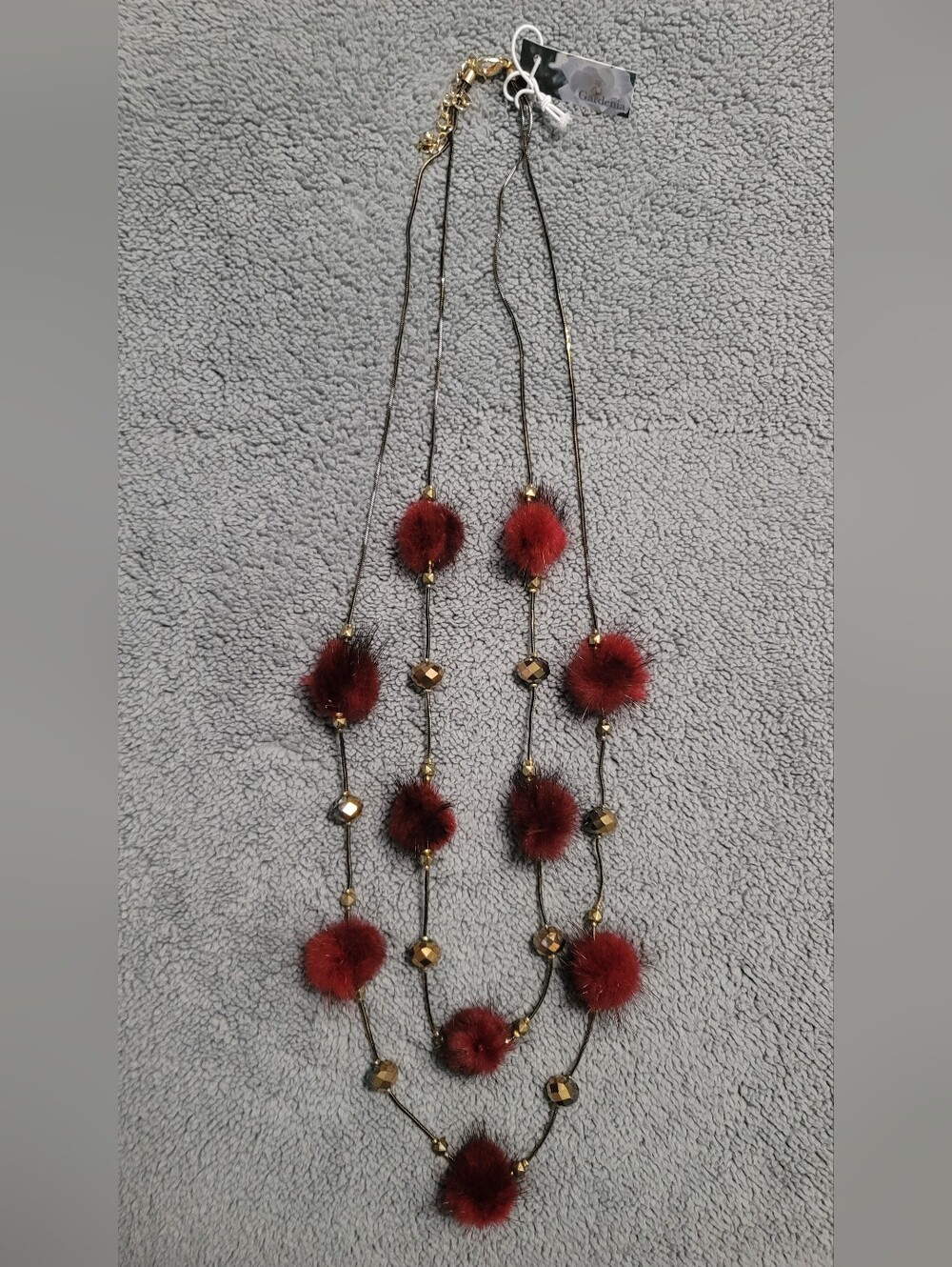 Necklace By Gardenia: Red Pom-Poms w/Smokey Beaded Necklace with Gold Accents